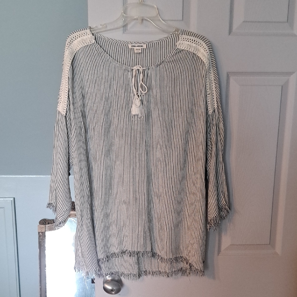 Billabong Striped Boho Distressed Oversized Swim Coverup Top Size L